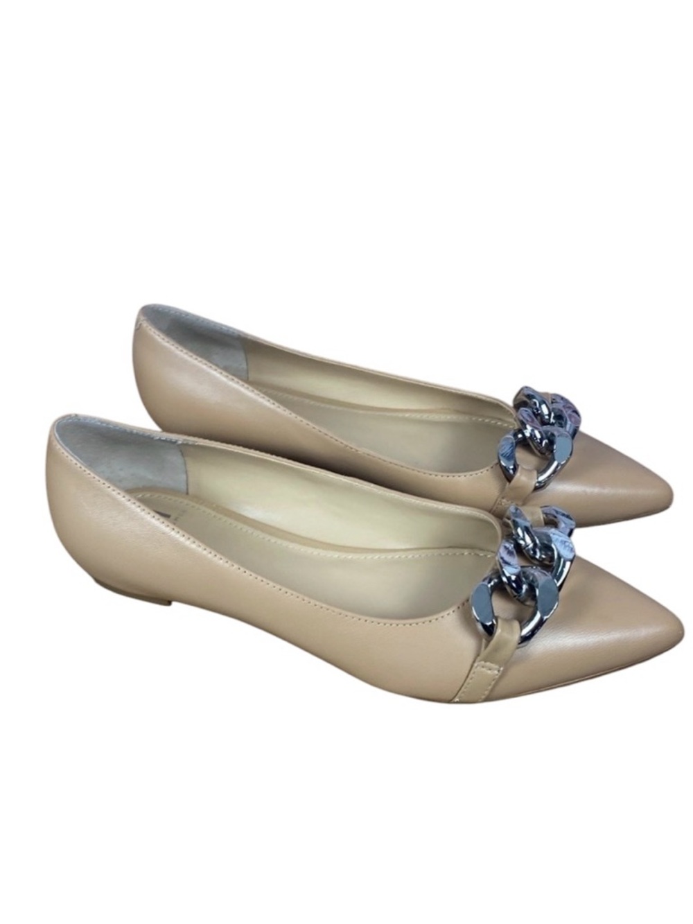 Marc Fisher Seluna Leather Neutral Tan Silver Chain Detail Pointy Toe Flat Sz 7